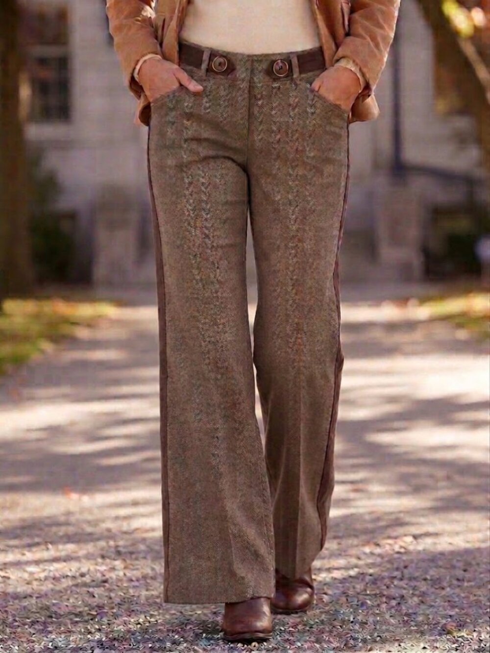 Grass Collection Y2K Brown Herringbone Tuxedo Stripe Wide Leg Trouser Pants 13